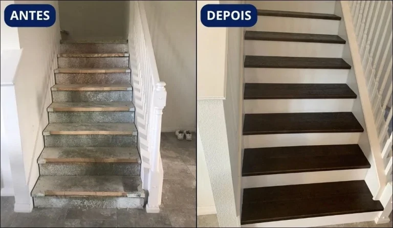 Escada reformada com degraus de madeira escura e corrimão elegante, após a reforma.